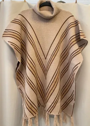 Striped Turtleneck Tassel Detail Poncho