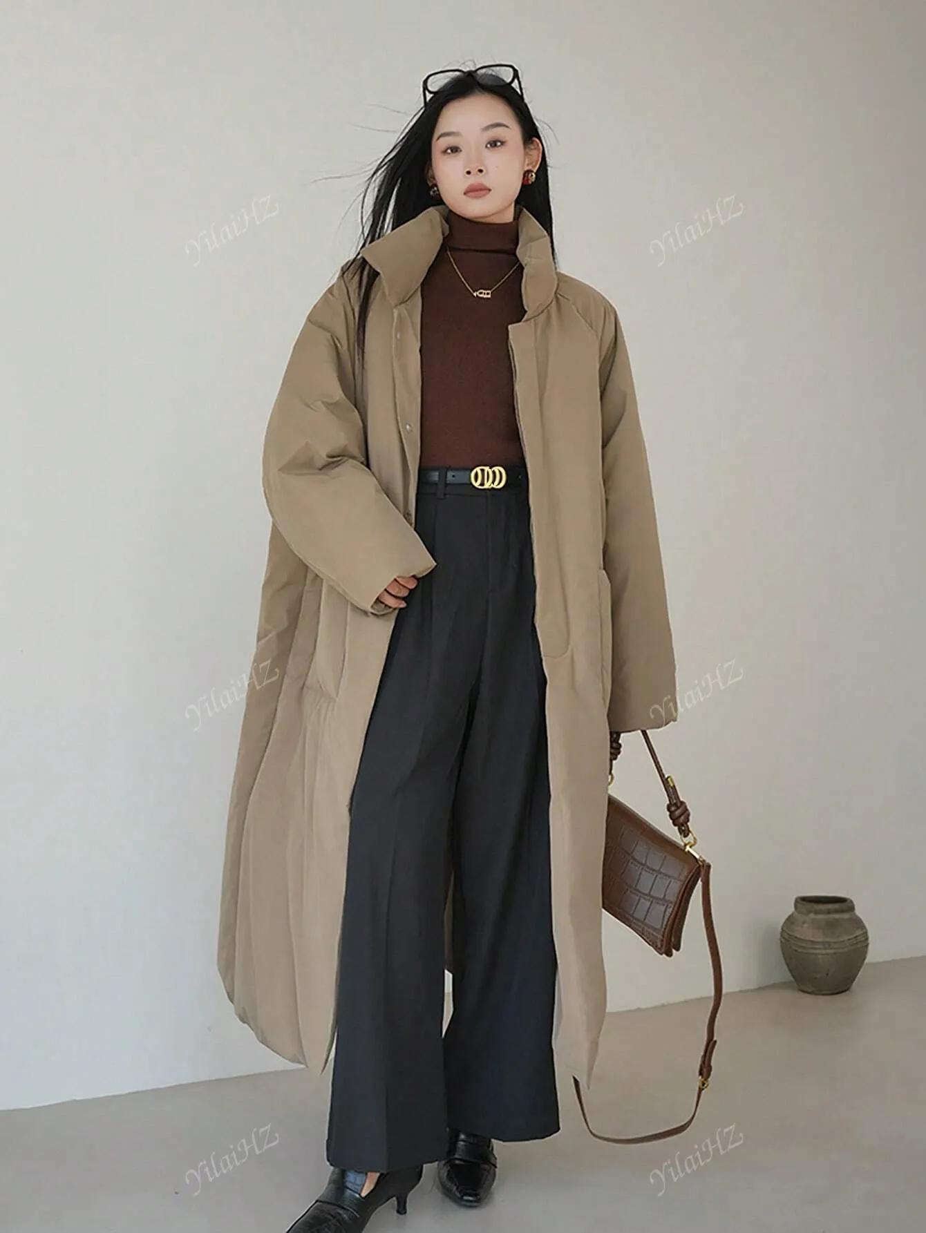 Stylish Loose Thickened Mid-Long Coat with Large Pockets for Women, Warm Jacket