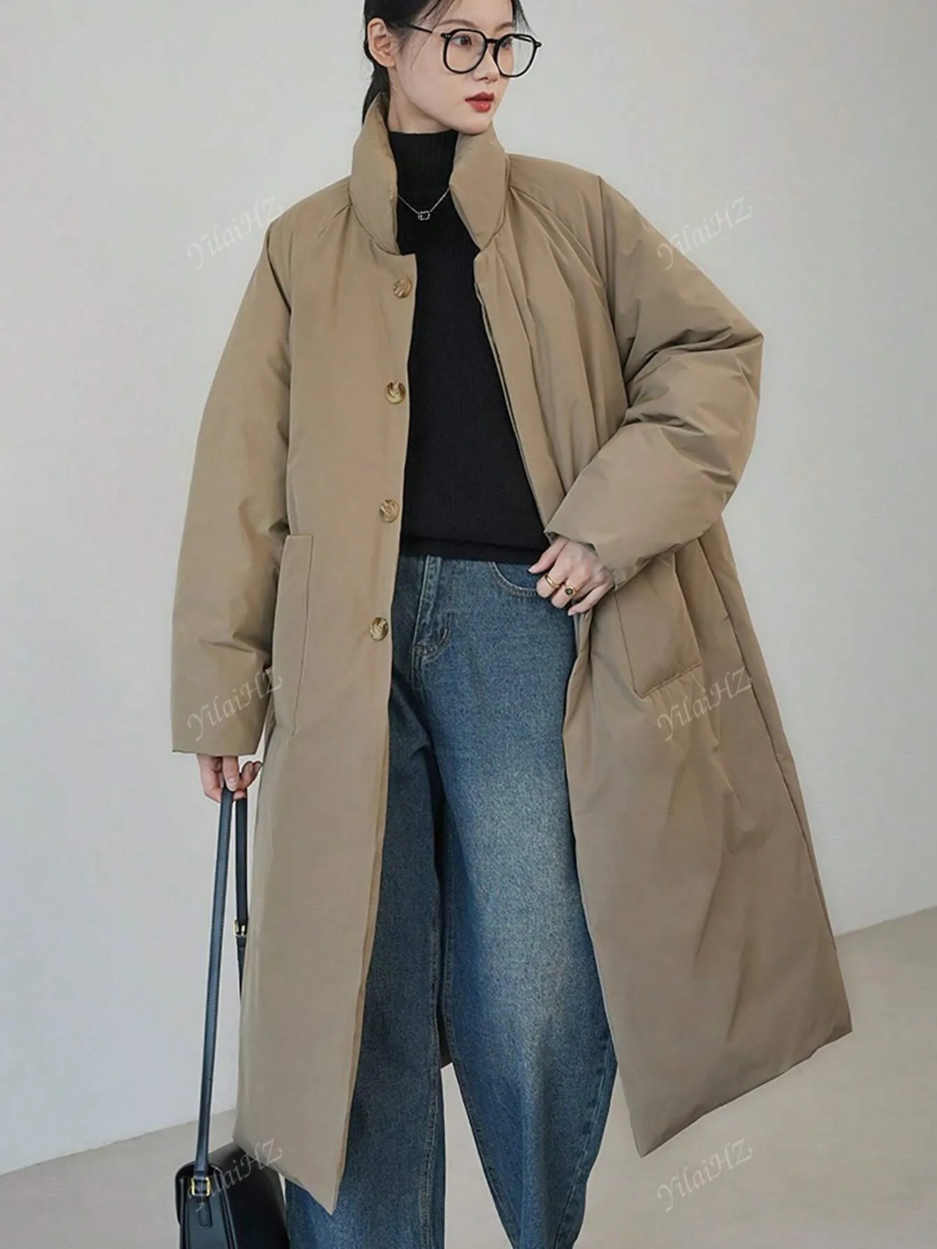 Stylish Loose Thickened Mid-Long Coat with Large Pockets for Women, Warm Jacket