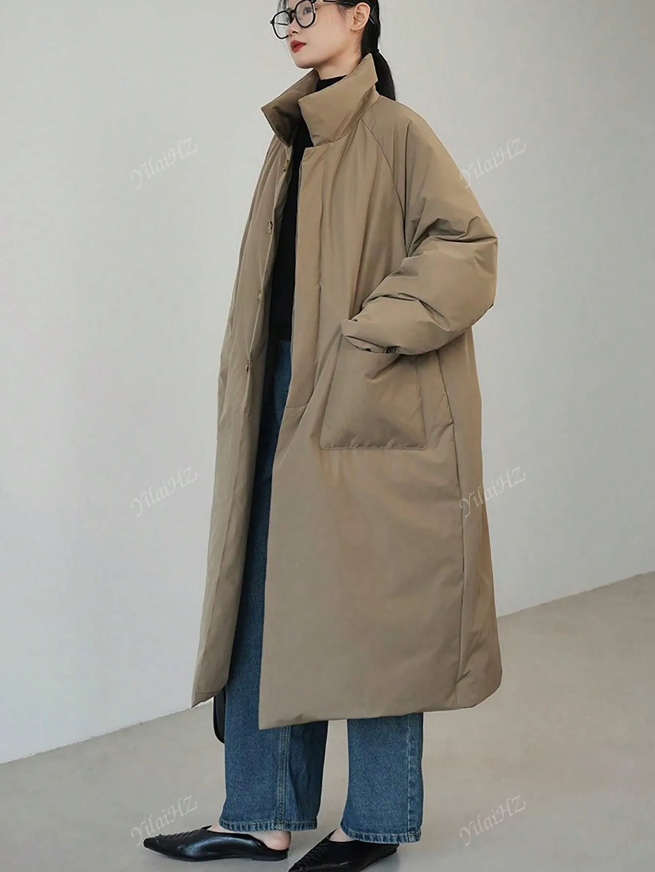 Stylish Loose Thickened Mid-Long Coat with Large Pockets for Women, Warm Jacket