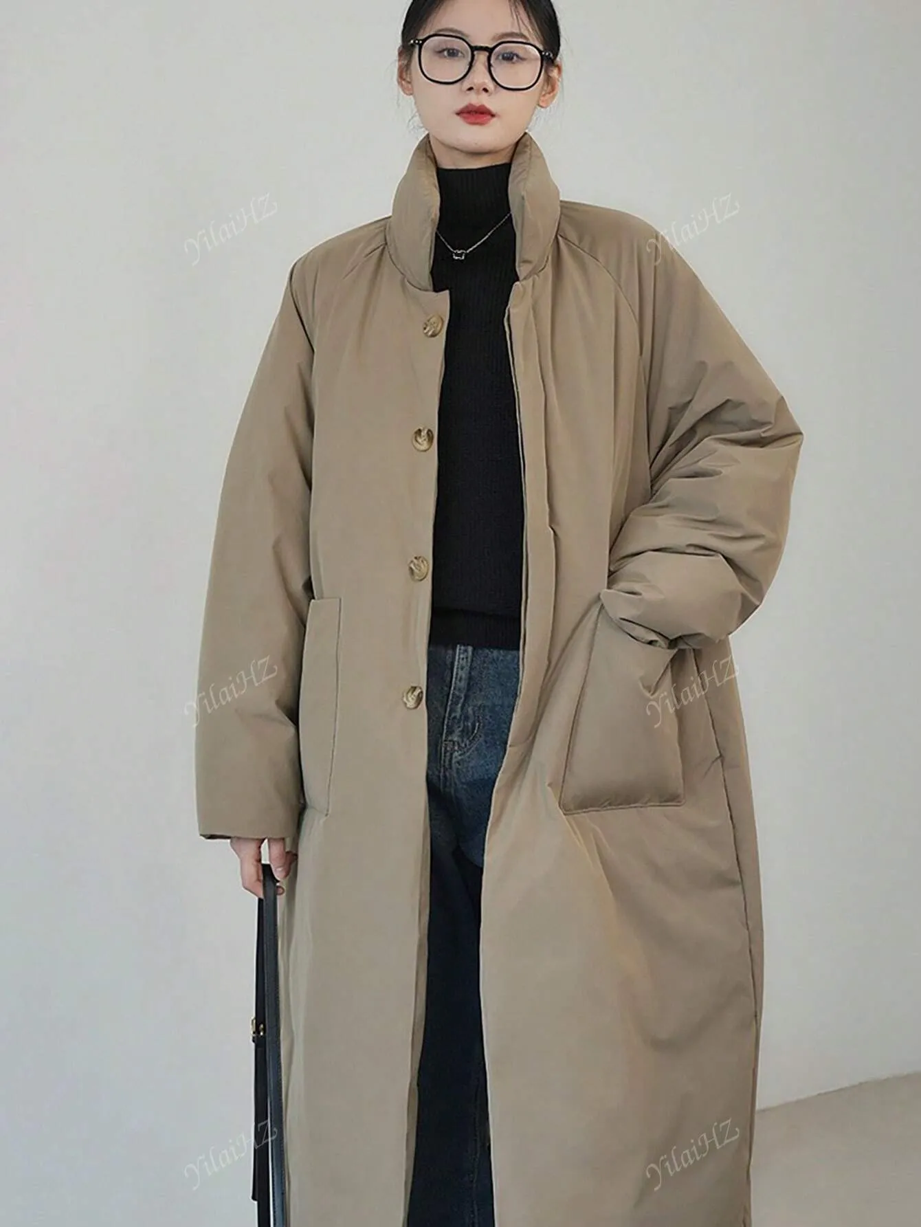 Stylish Loose Thickened Mid-Long Coat with Large Pockets for Women, Warm Jacket
