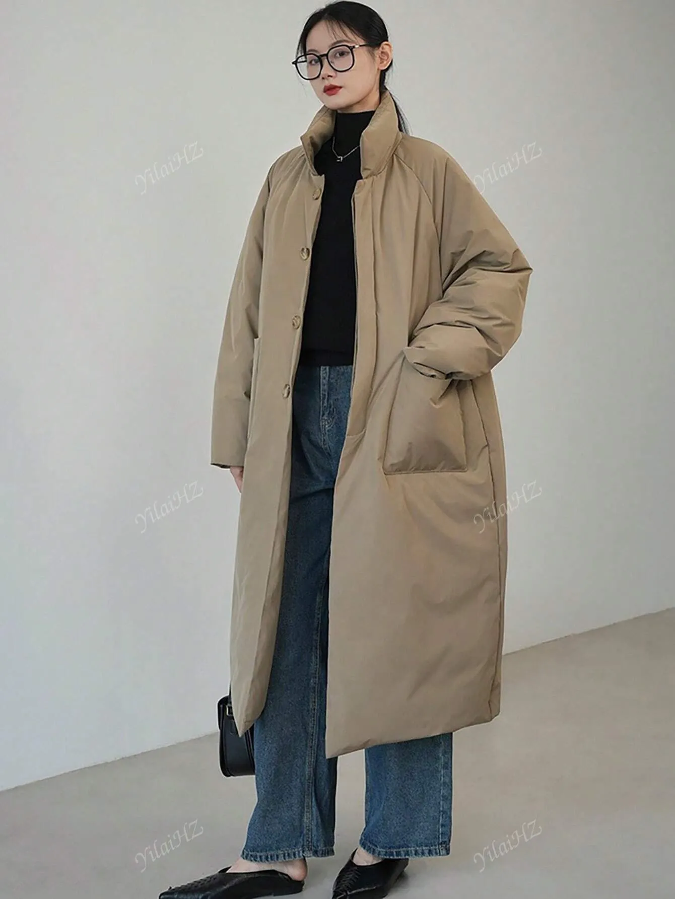Stylish Loose Thickened Mid-Long Coat with Large Pockets for Women, Warm Jacket