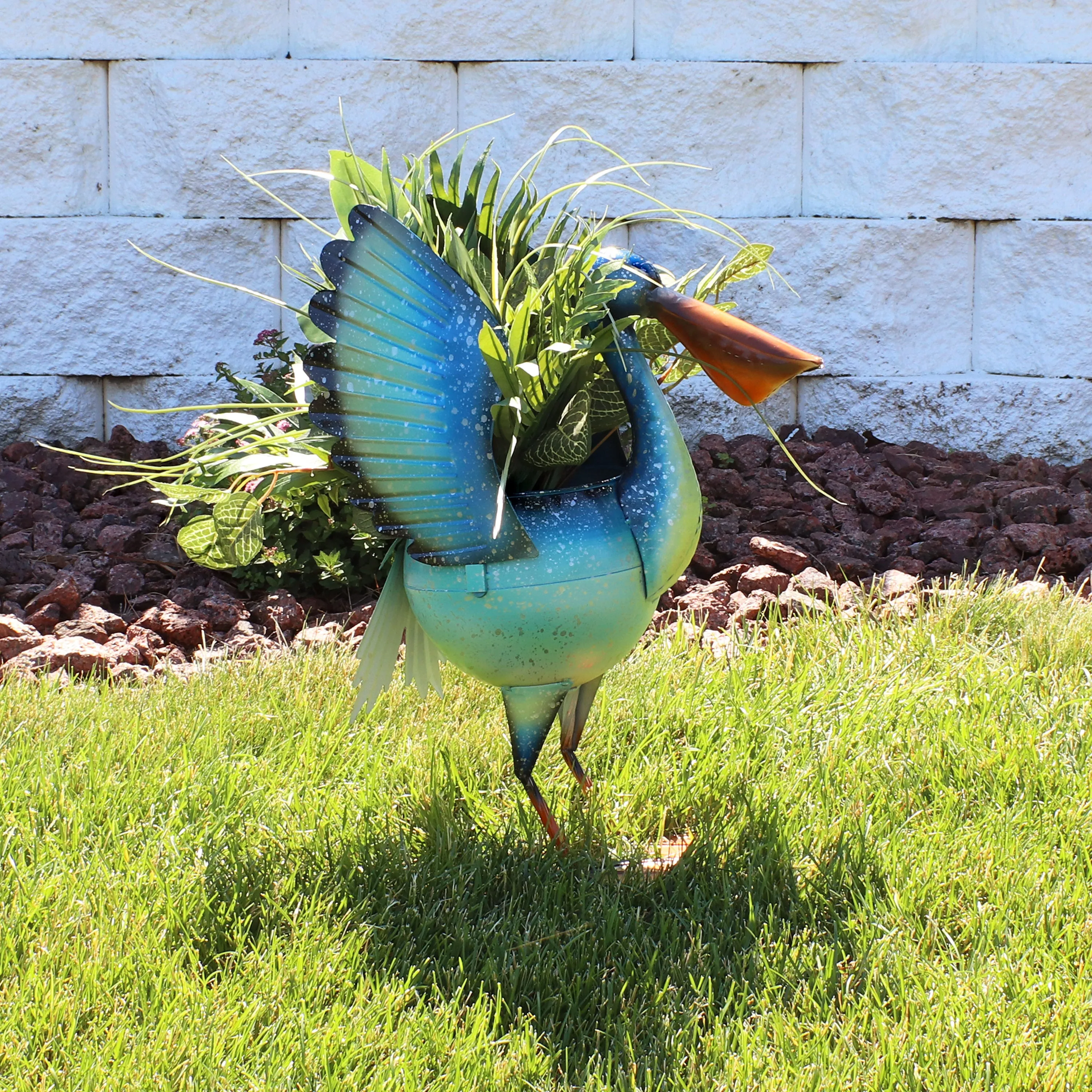 Sunnydaze Pierre the Flying Pelican Metal Statue with Planter - 20.75"