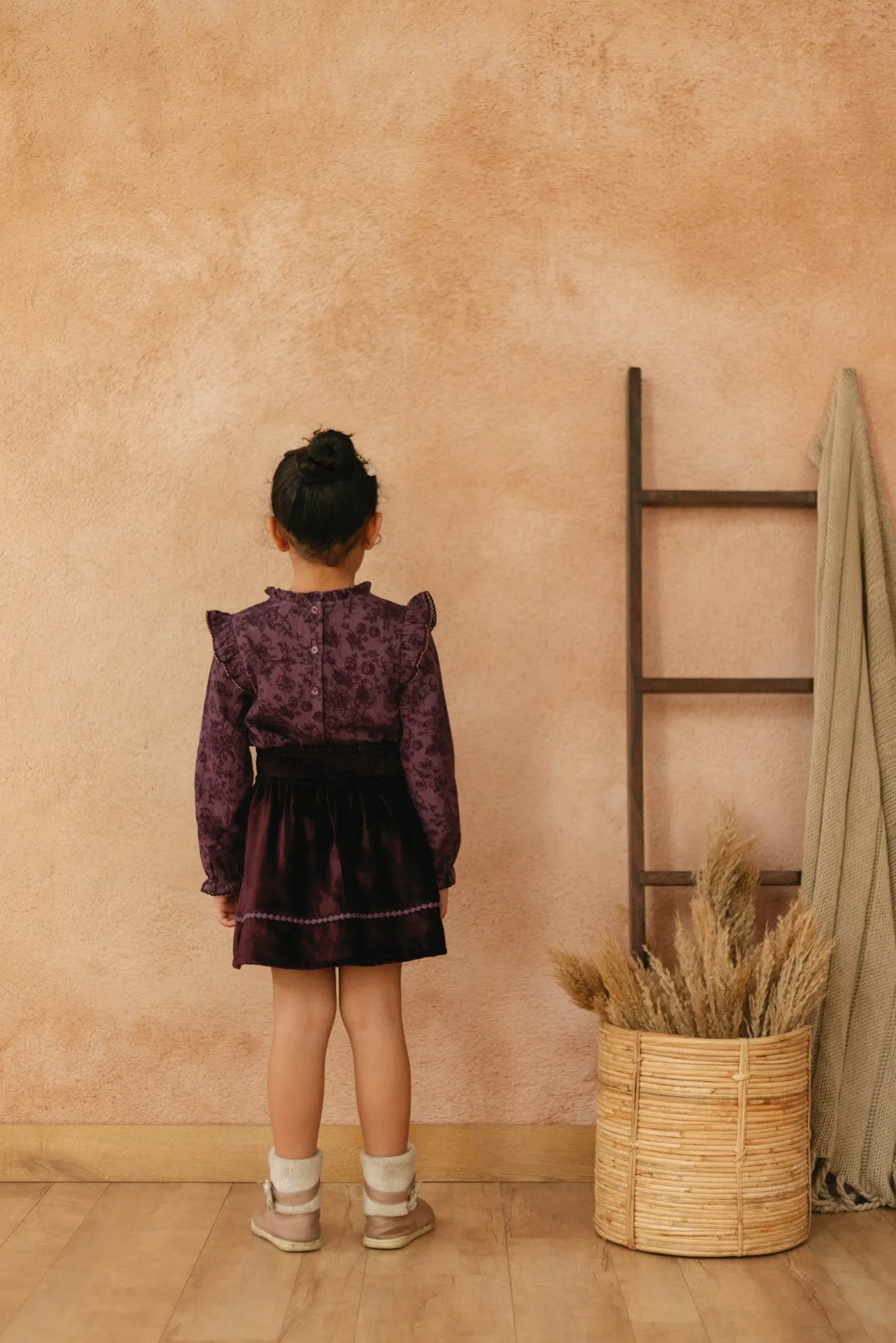 Tina Smocked Elasticated Velvet Girls Skirt - Purple