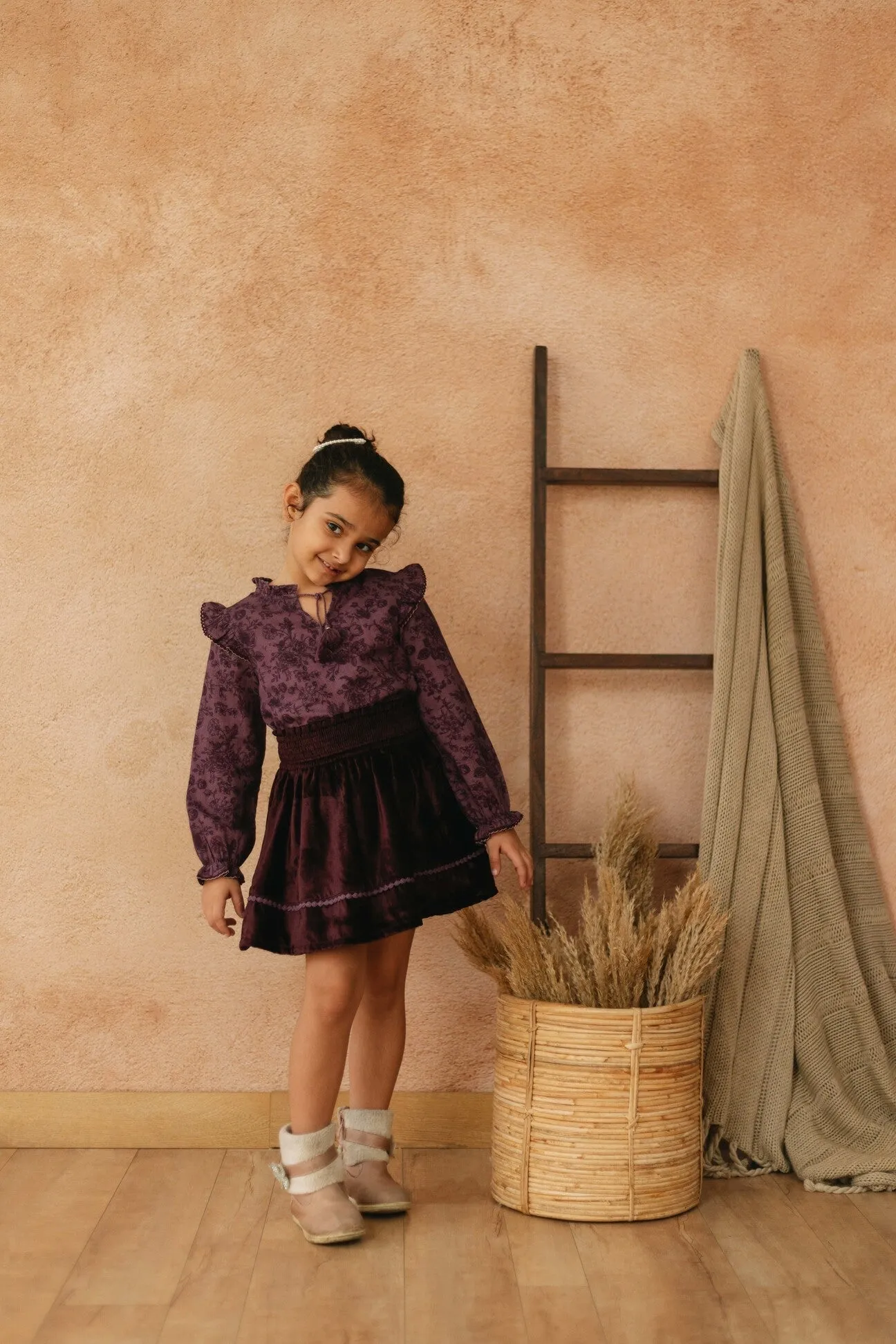 Tina Smocked Elasticated Velvet Girls Skirt - Purple
