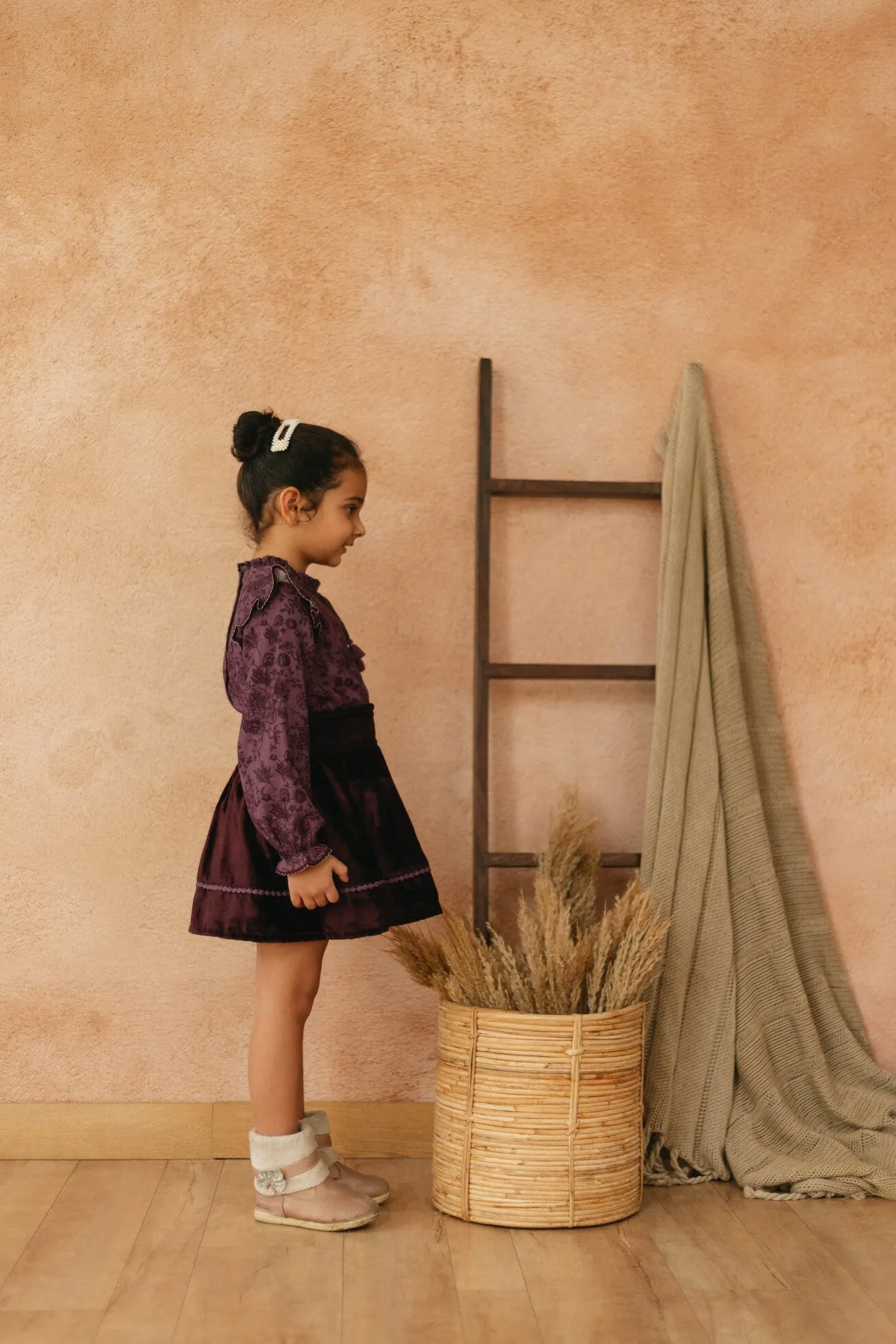 Tina Smocked Elasticated Velvet Girls Skirt - Purple