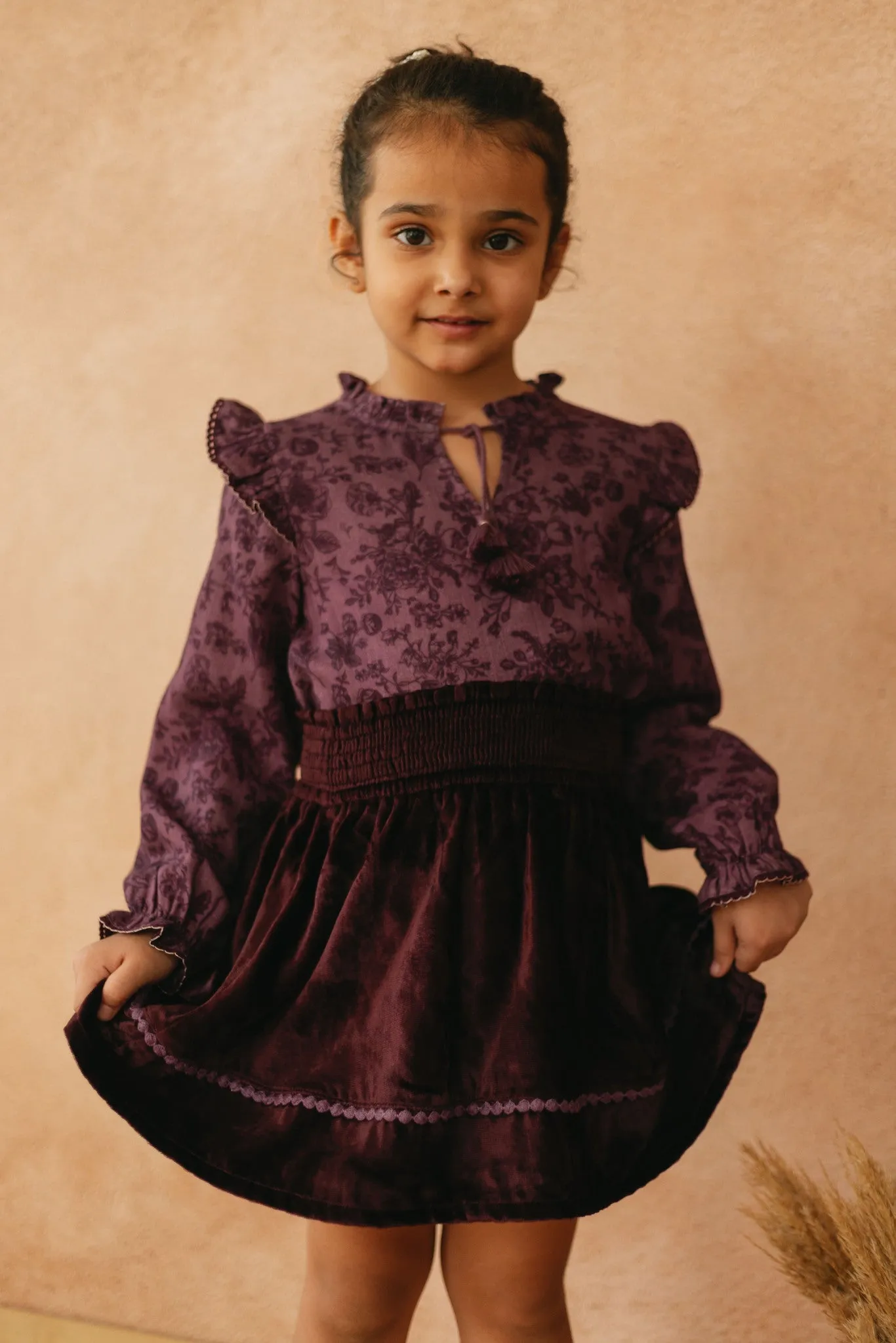 Tina Smocked Elasticated Velvet Girls Skirt - Purple