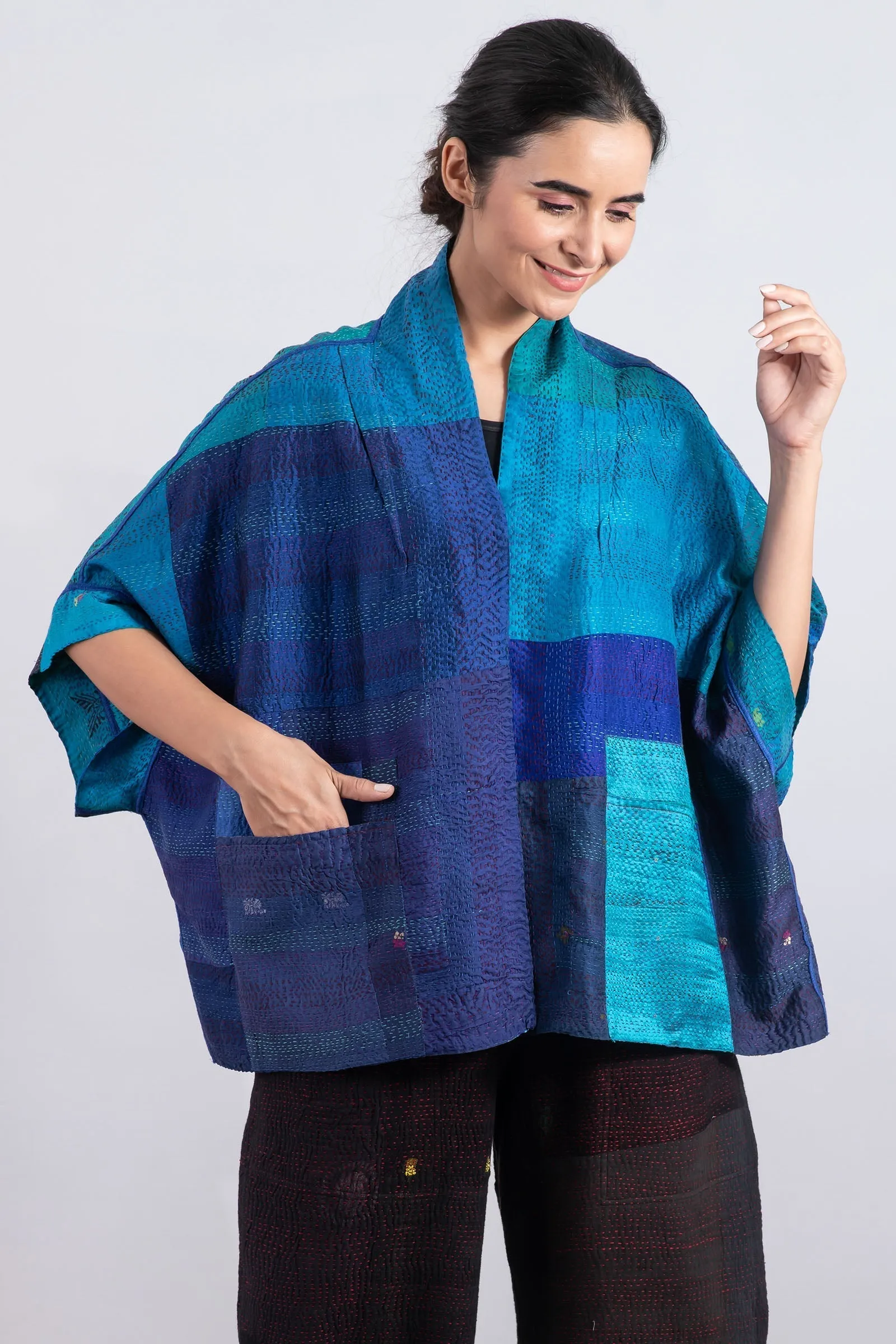 VINTAGE SILK PATCH KANTHA MINI PONCHO - vp2060-blu -